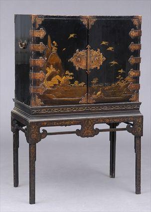 Appraisal: BRASS AND COPPER-MOUNTED JAPANESE LACQUER CABINET ON CHINESE EXPORT LACQUER