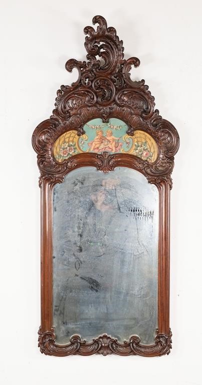 Appraisal: Carved mirror with hand painted scene with cherubs and flowers