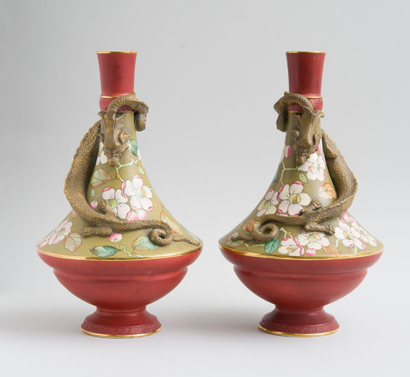 Appraisal: CHRISTOPHER DRESSER ATTRIBUTION OLD HALL PAIR OF VASES Gilt-decorated earthenware