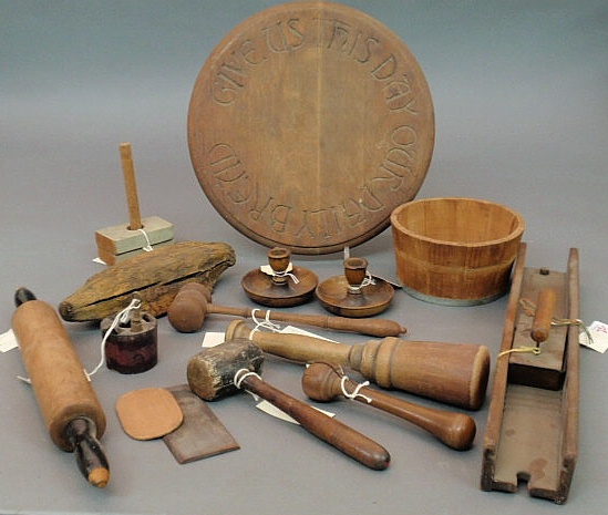 Appraisal: Box lot of woodenware- gavel hammer mortar rolling pin grater