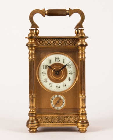 Appraisal: French gilt-metal carriage clock late th century with alarm beveled