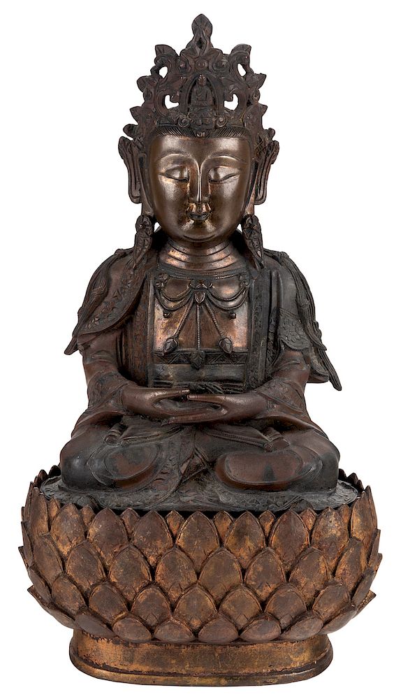 Appraisal: A GILT SINO-TIBETAN BRONZE FIGURE OF A GUANYIN WITH WOODEN