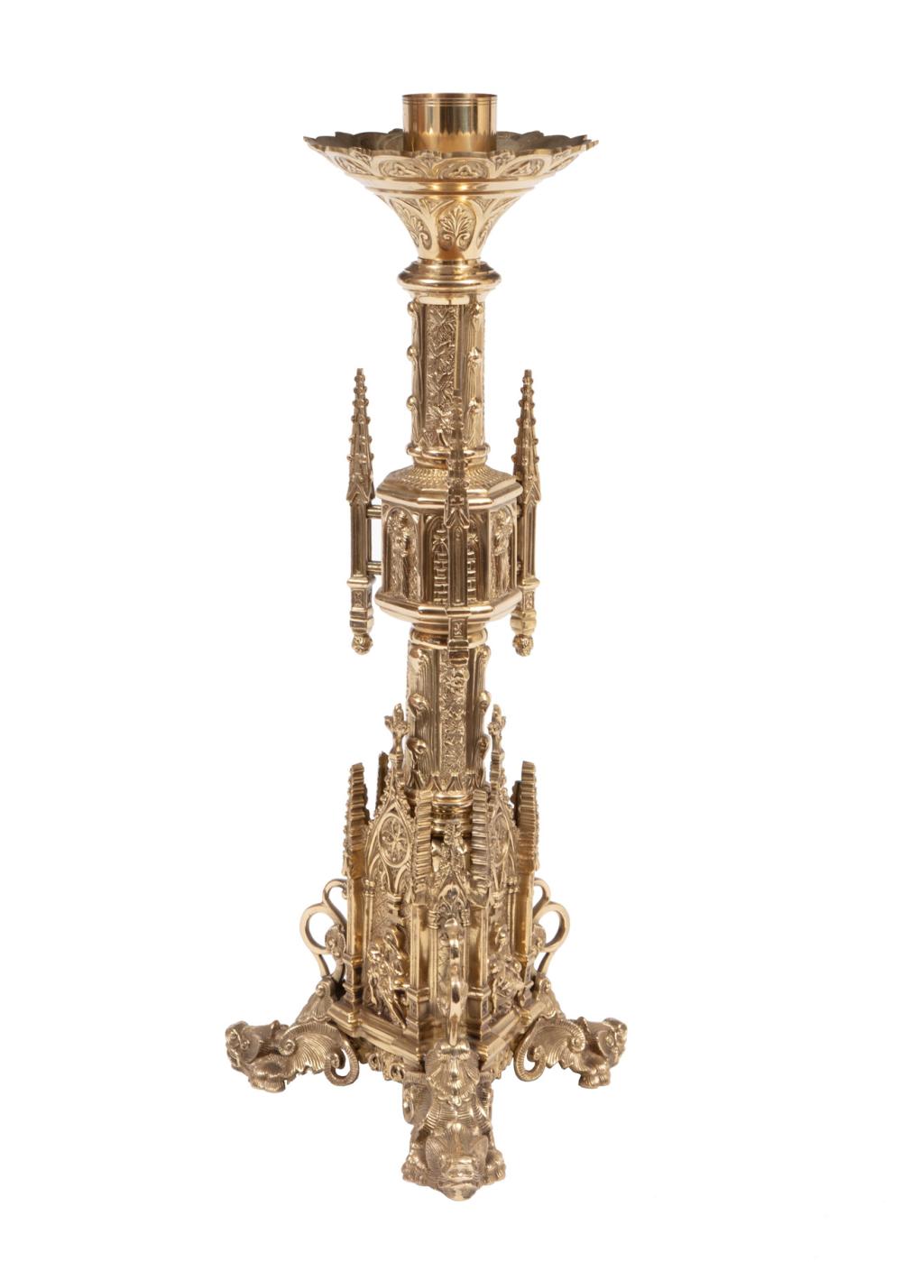 Appraisal: LARGE ECCLESIASTIC BRASS CANDLESTICKLarge Ecclesiastic Brass Candlestick th c Gothic