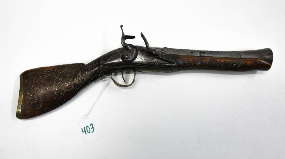 Appraisal: ANTIQUE FLINTLOCK BLUNDERBUSS having long flared barrel inlaid wire stock