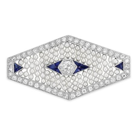 Appraisal: Edwardian Platinum Seed Pearl Diamond and Synthetic Sapphire Brooch Estimate