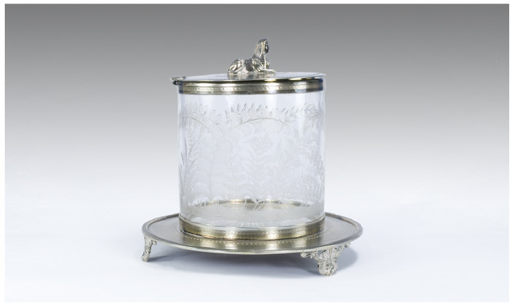 Appraisal: Etched Glass Biscuit Barrel with Silver Plated Cover and Stand