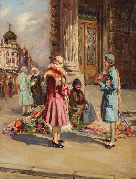 Appraisal: Austrian School Elegant women by a flower seller signed indistinctly