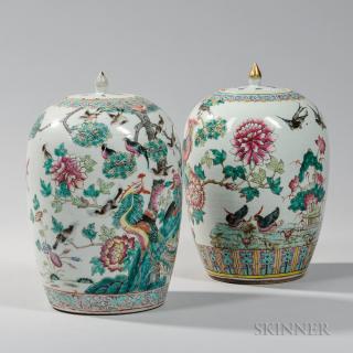 Appraisal: Two Famille Rose Covered Jars Two Famille Rose Covered Jars