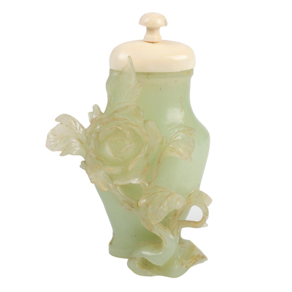 Appraisal: CHINESE CARVED SERPENTINE JADE LIDDED VASE WITH DIMENSIONAL ROSE FLORAL