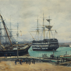 Appraisal: Jules Lessore British - Portsmouth Harbor with HMS Victory at