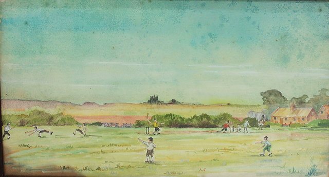 Appraisal: A HUMOROUS TH CENTURY STYLE WATERCOLOUR of a village cricket