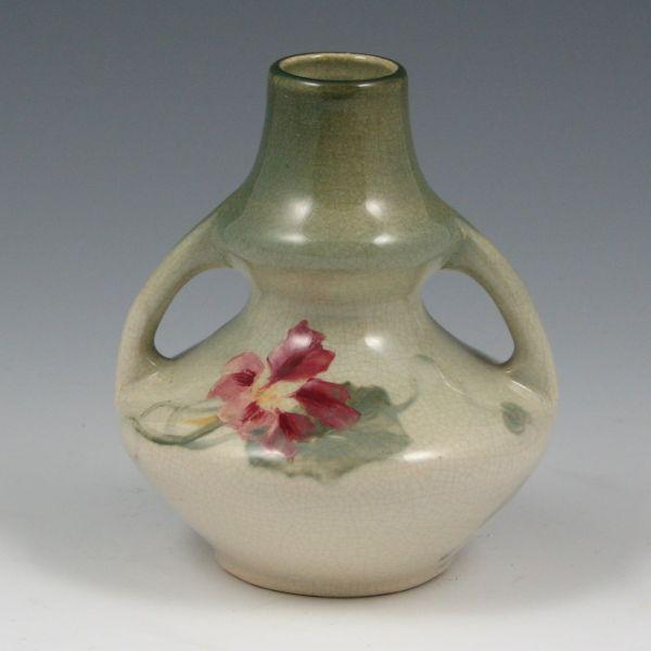 Appraisal: Weller Eocean handled cabinet vase with pansy decoration Marked WELLER