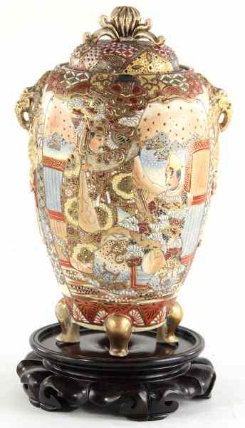 Appraisal: Japanese Satsuma Lidded Urnovoid form raised on four gilt feet