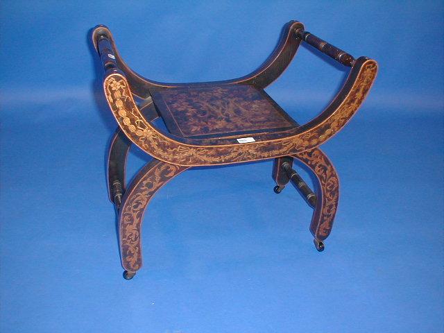 Appraisal: A late Victorian x frame stool with marquetry and pen