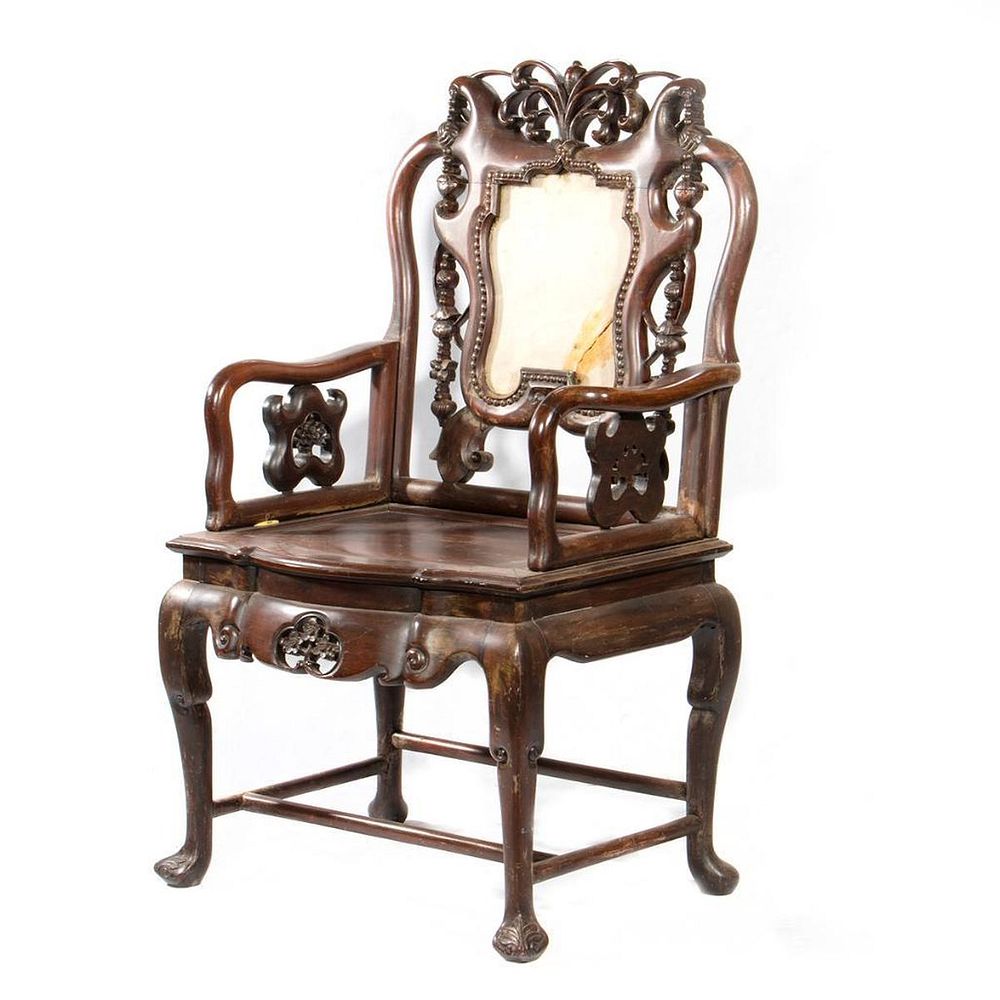 Appraisal: Two Chinese Hardwood Armchairs Each highly carved in h in