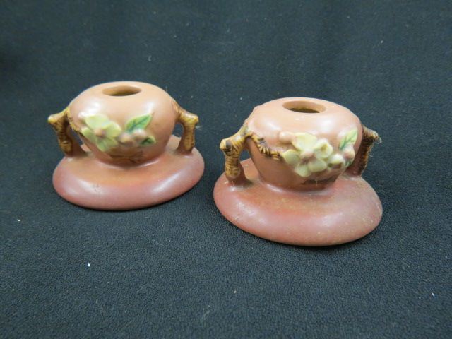 Appraisal: Roseville Pottery Apple Blossom Candleholders red tall excellent