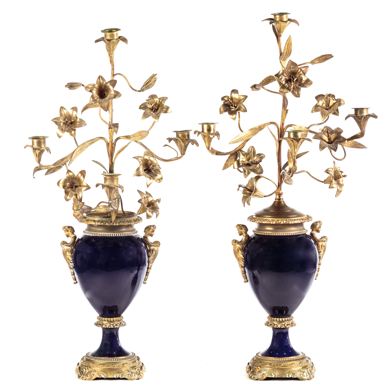 Appraisal: PAIR OF SEVRES BLEU DE ROI PORCELAIN URN CANDELABRAS Second