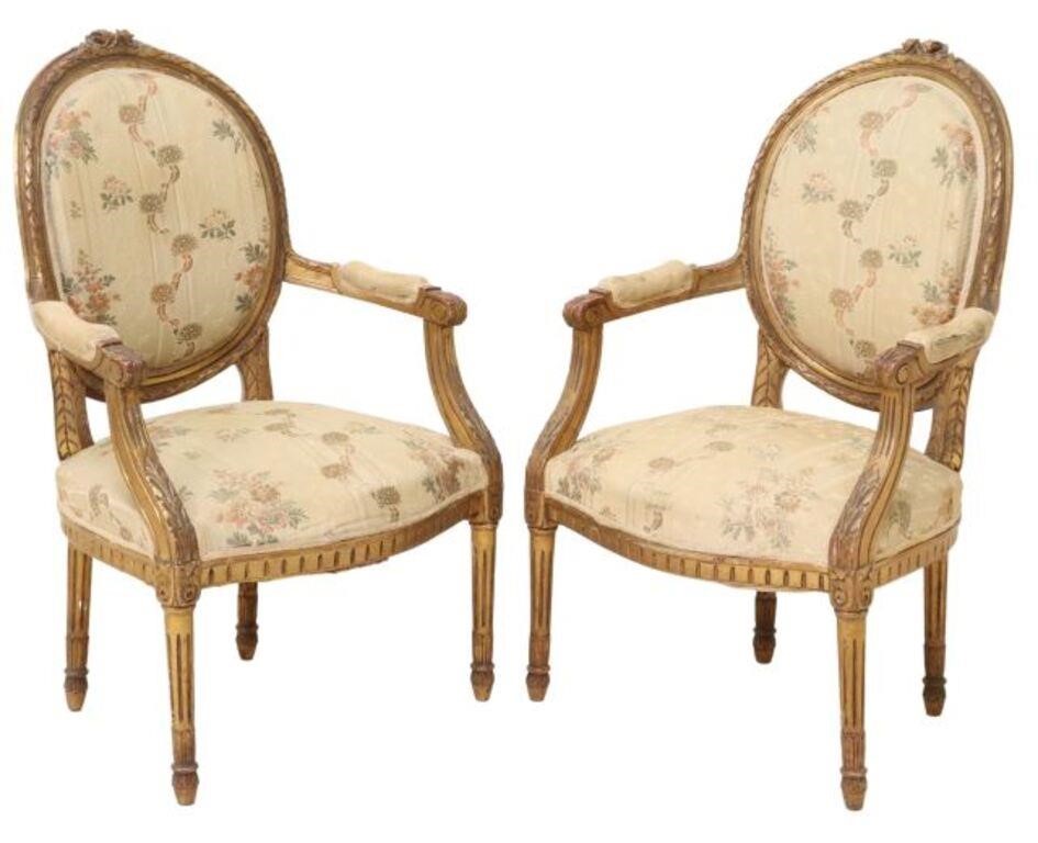 Appraisal: pair Louis XVI style carved gilt armchairs early th c