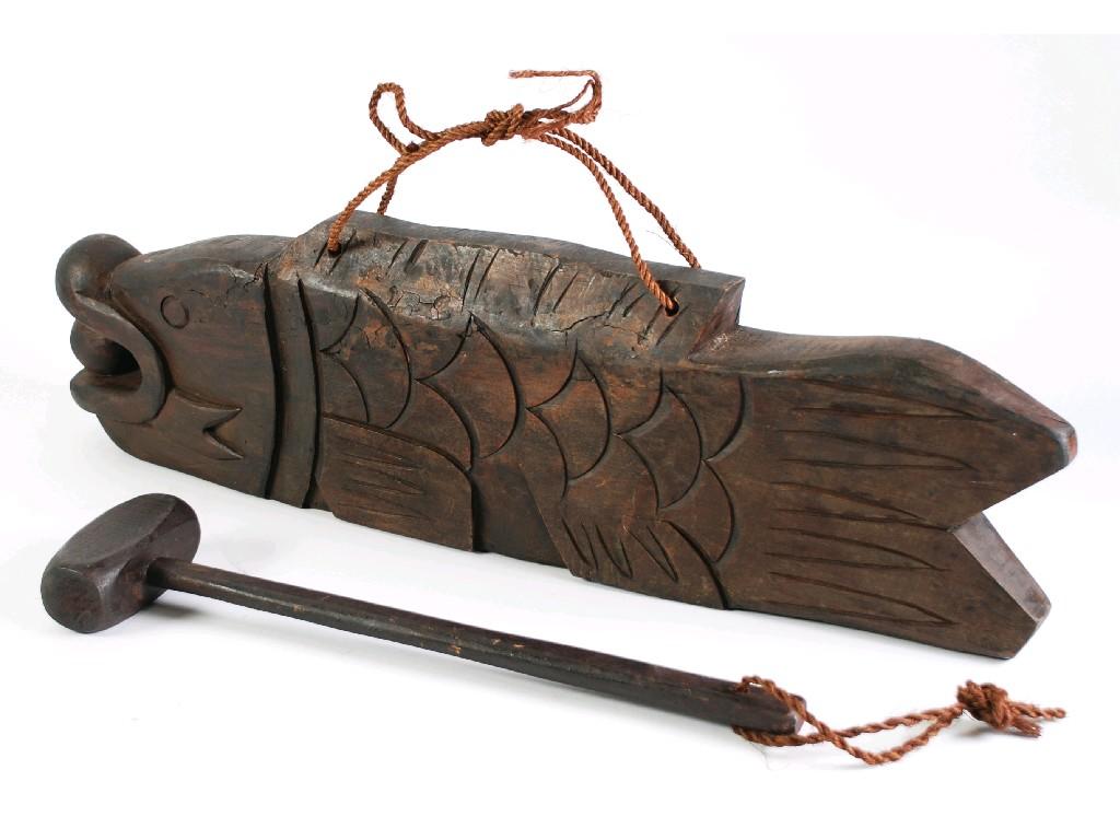 Appraisal: JAPANESE CARVED AND STAINED WOOD FISH PATTERN GONG and beater