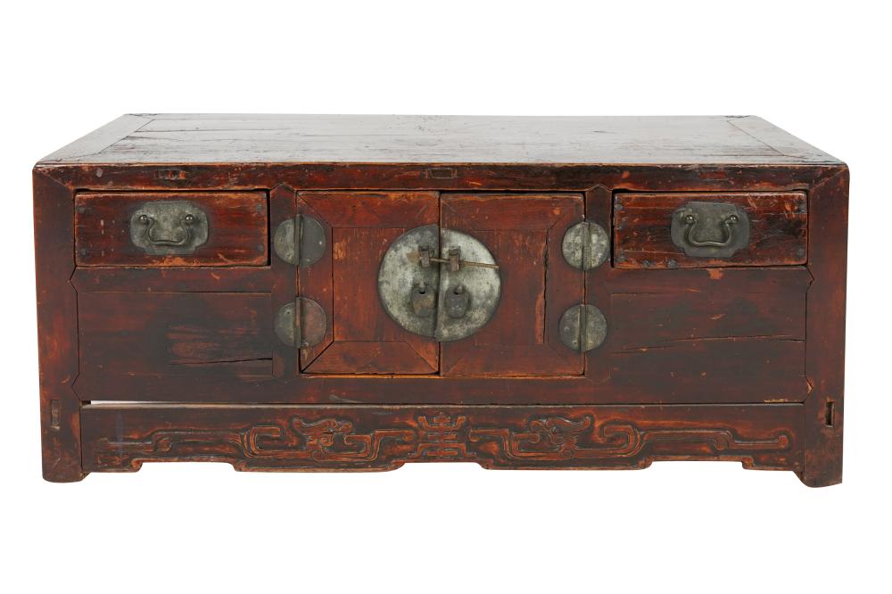 Appraisal: CHINESE STYLE LOW CABINETwith a pair of hinged doors flanked