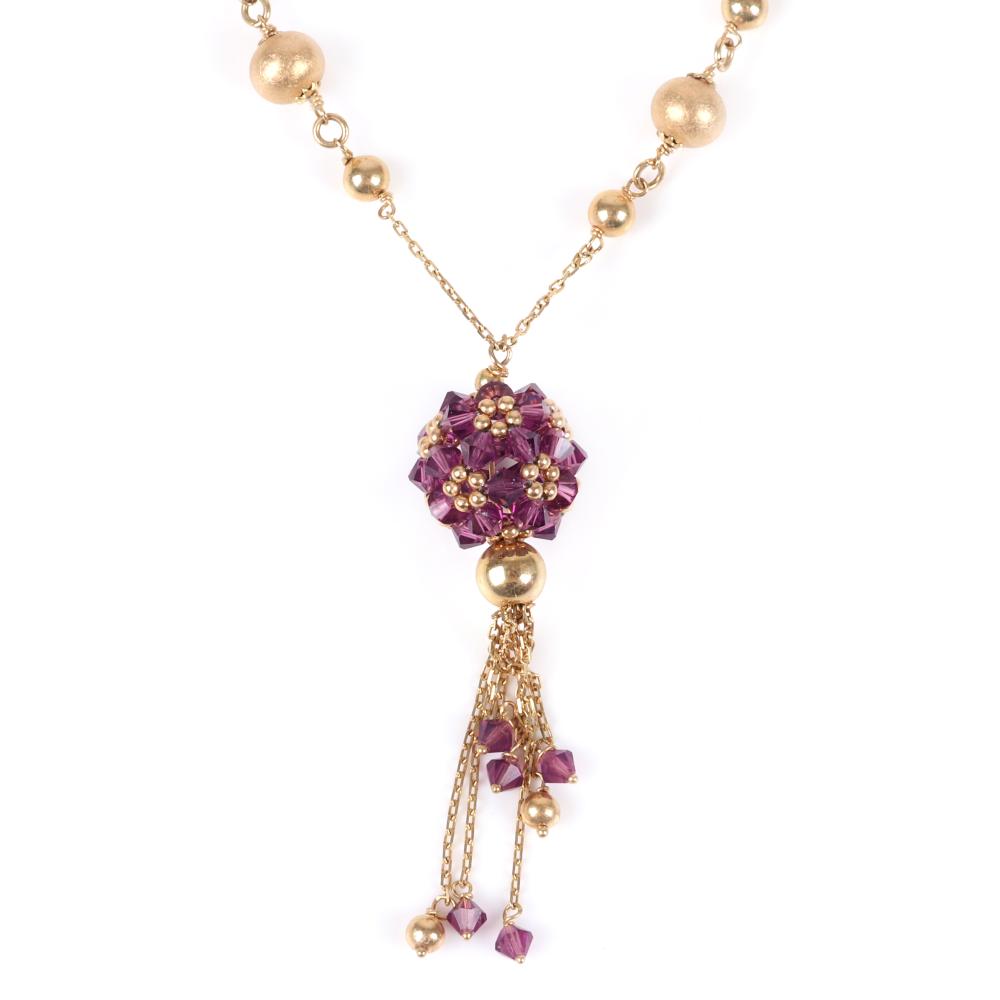 Appraisal: DESIGNER K ITALY YELLOW GOLD AMETHYST BALL TASSEL BEAD STATION