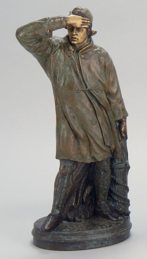 Appraisal: BRONZE FIGURE OF A FISHERMAN Wearing oilskins and standing by