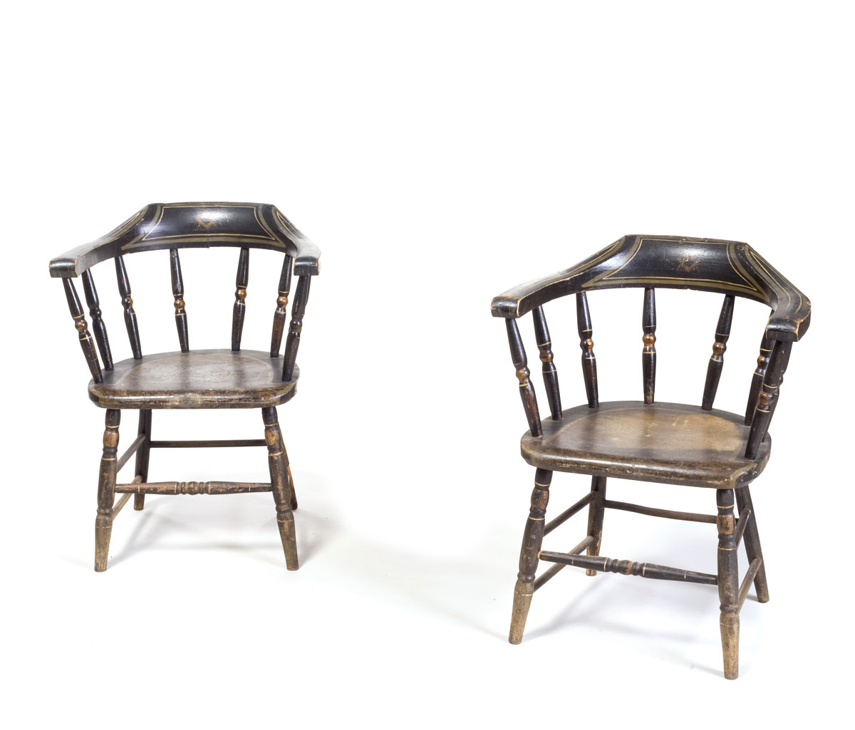 Appraisal: PAIR OF AMERICAN BLACK PAINTED AND DECORATED MASONIC CAPTAIN'S ARMCHAIRS