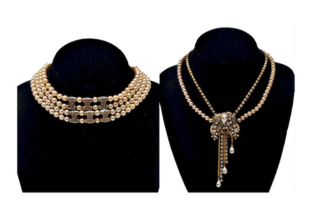 Appraisal: Faux Pearls Rhinestone Costume Necklaces Two vintage faux pearl costume