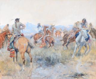 Appraisal: Charles M Russell - As Cochrane and Pard Leaped Into