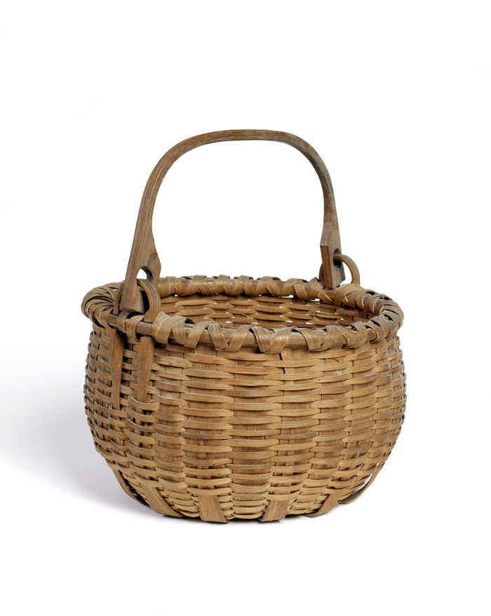 Appraisal: NEW ENGLAND WOVEN SPLINT BASKET WITH SWING HANDLE AND PUSH-UP