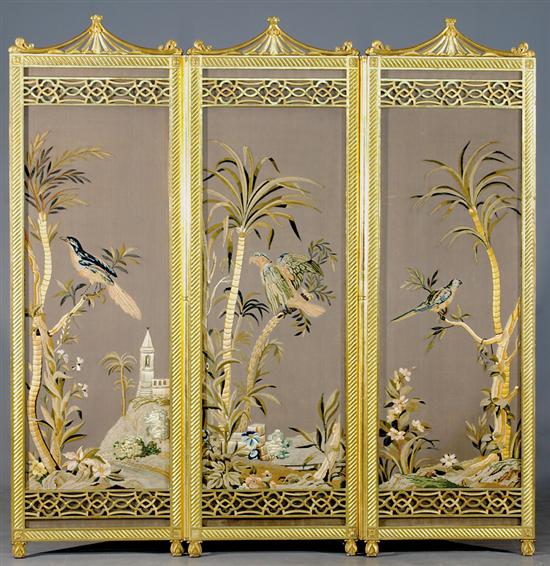 Appraisal: Silk needlework and gilt-framed three-panel screen th century arched frames