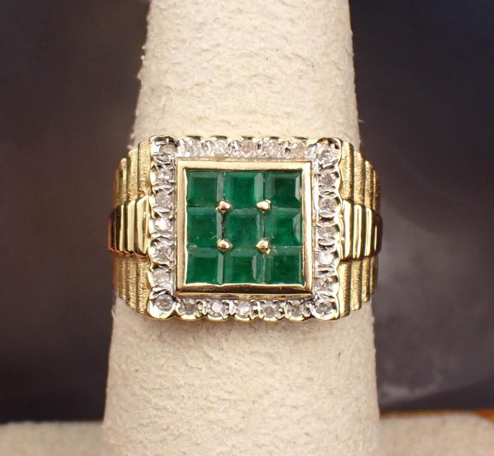 Appraisal: EMERALD DIAMOND AND FOURTEEN KARAT GOLD RING The yellow gold