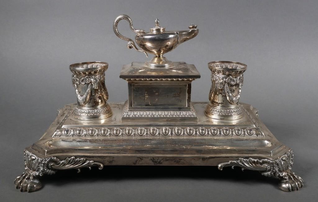 Appraisal: c Victorian sterling silver inkstand with a pair of inkwells