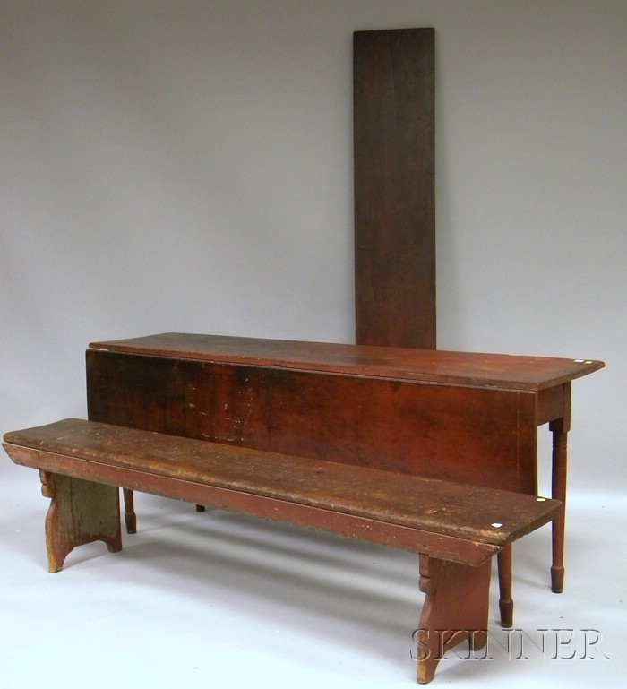 Appraisal: Red-painted Wooden Bucket Bench and Red-painted Maple Drop-leaf Harvest Table