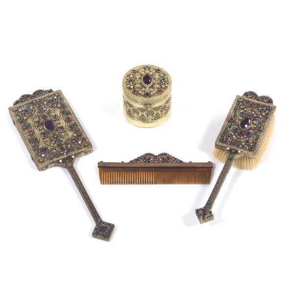 Appraisal: RENAISSANCE REVIVAL STYLE FOUR-PIECE BEJEWELLED BOUDOIR VANITY SET Fine filigree