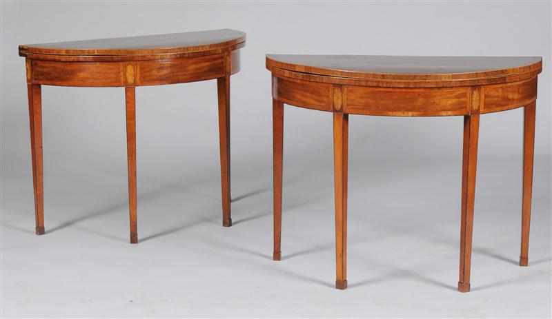 Appraisal: PAIR OF GEORGE III INLAID MAHOGANY DEMILUNE GAMES TABLES Each