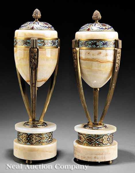 Appraisal: A Pair of French Art Deco Champlev Enamel Gilt Bronze