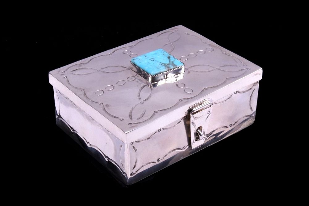 Appraisal: Navajo CJ Butler Fox Turquoise Sterling Silver Box For your