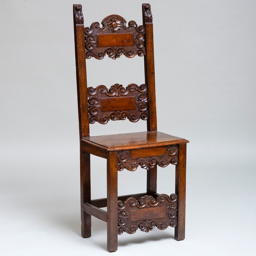 Appraisal: Italian Baroque Carved Walnut Side Chair The underside with white