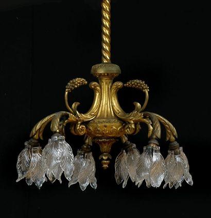 Appraisal: LOUIS XVI-STYLE GILT-METAL SIX-LIGHT CHANDELIER WITH TIERED GLASS SHADES The