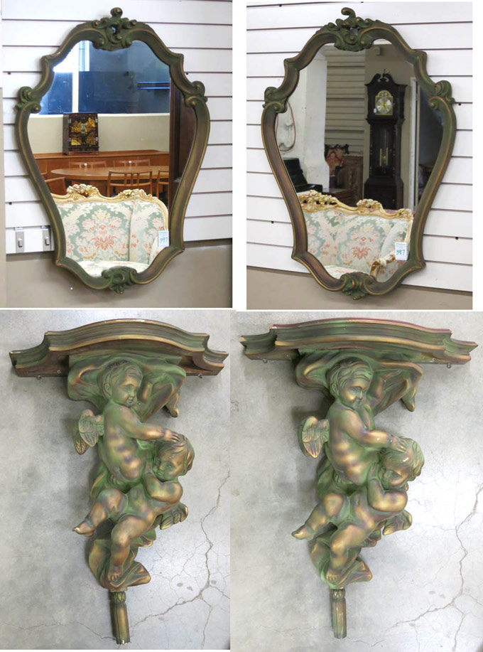 Appraisal: PAIR OF FIGURAL WALL-MOUNT CONSOLE TABLES WITH MATCHING WALL MIRRORS