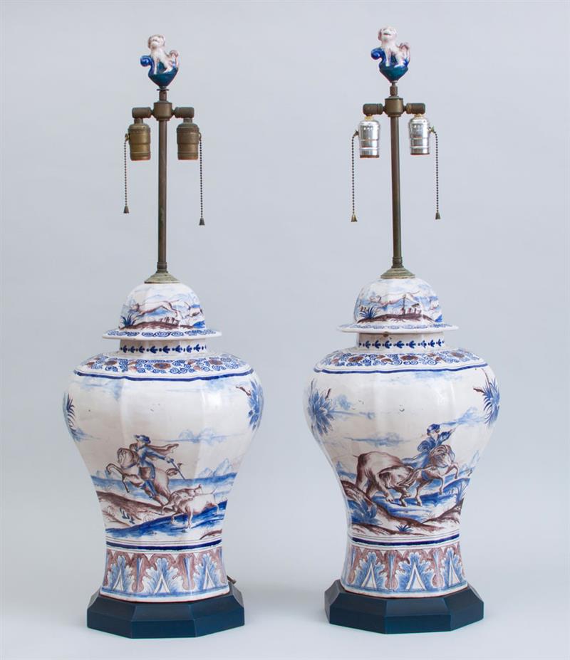 Appraisal: PAIR OF MODERN DELFT OCTAGONAL BALUSTER-FORM JARS AND COVERS MOUNTED