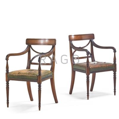 Appraisal: PAIR OF SHERATON ARMCHAIRS Mahogany frames leather seats early th