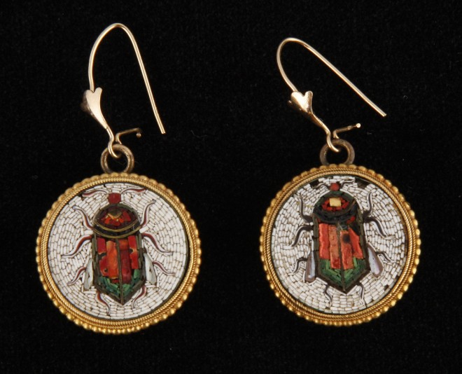 Appraisal: Micro mosaic earring feature colorful beetles with white background Loss