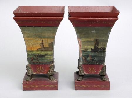 Appraisal: PAIR OF FRENCH ROSE-GROUND TOLE-PEINTE MANTLE VASES Each of angular