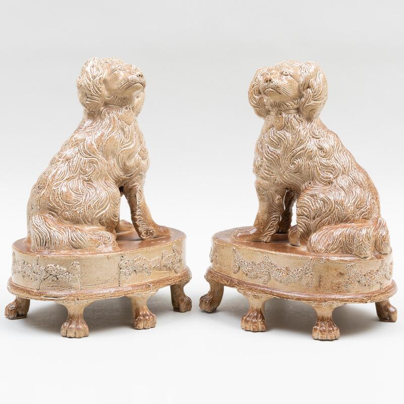 Appraisal: Pair of Salt-Glazed Stoneware Models of Spaniels Probably Derbyshire Unmarked