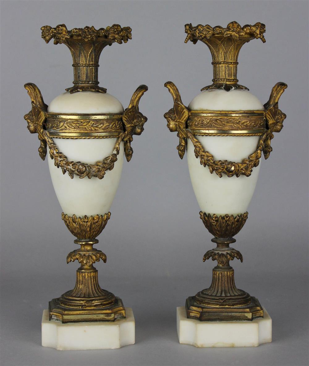 Appraisal: PAIR OF FRENCH GILT-BRONZE-MOUNTED WHITE MARBLE VASES late th C