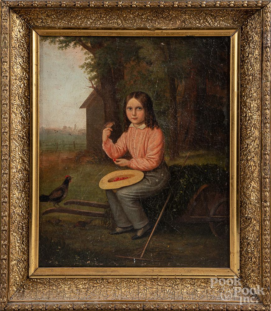 Appraisal: Oil on canvas portrait of boy with a bird th