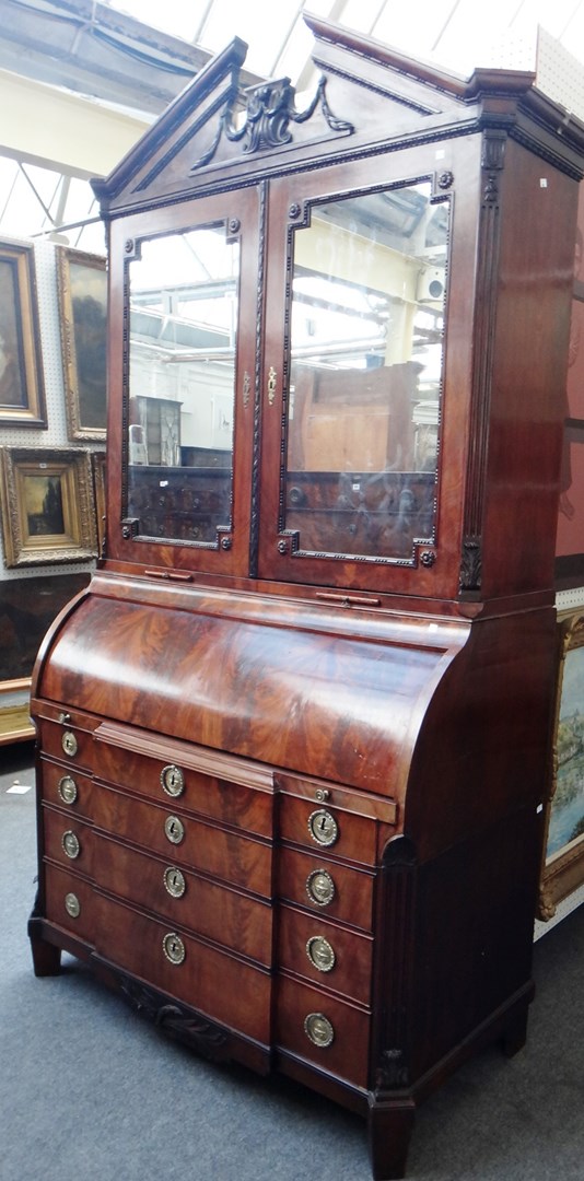 Appraisal: A th century Dutch mahogany cylinder bureau bookcase the architectural