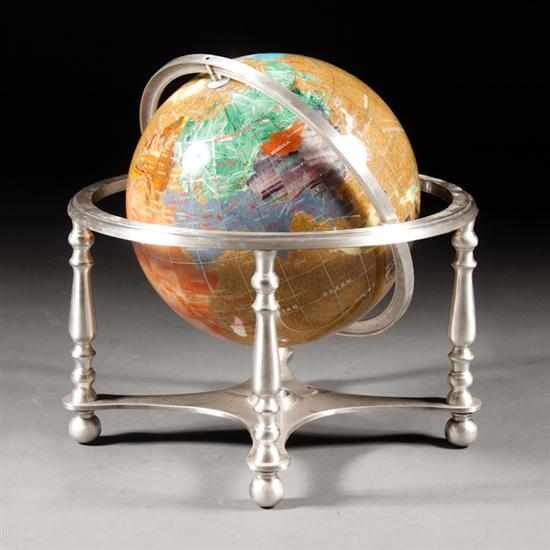 Appraisal: Contemporary hardstone inlaid and aluminum terrestrial globe aluminum frame with